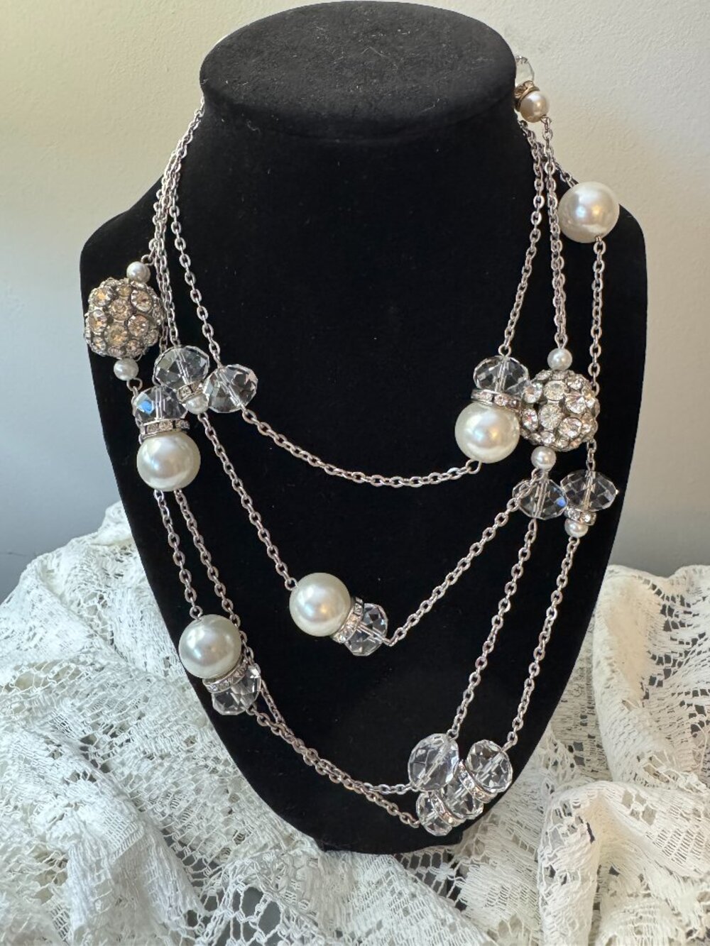 Silver-tone Multi-Strand Floating Pearl Crystal Fireball Illusion Necklaces (2)